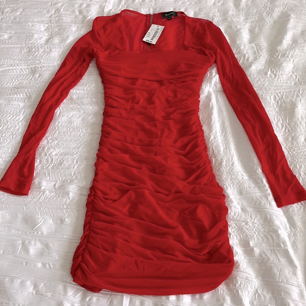 Bardot Red Long Sleeve Ruched Dress Size S